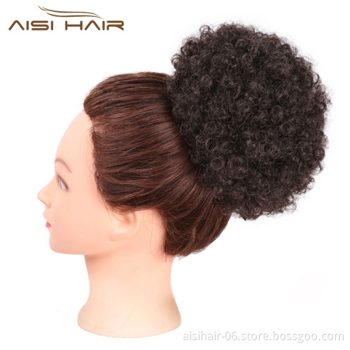 Aisi Hair Color 4# Short Kinky Fluffy Synthetic Hair Bun Ponytail Afro Short Puff Curly Chignon Hair Extension For Black Women